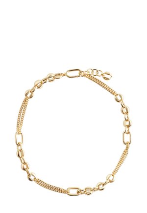 Gold-toned chain bracelet featuring alternating polished oval links and a textured chain section, with an adjustable clasp for size.
