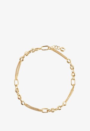 Gold-toned chain bracelet featuring alternating polished oval links and a textured chain section, with an adjustable clasp for size.