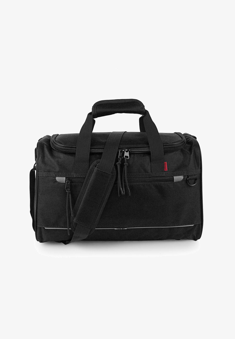 Bolsa de lona negra hecha de tejido duradero, con dos asas superiores y una correa de hombro desmontable; compartimentos con cremallera y acentos reflectantes.