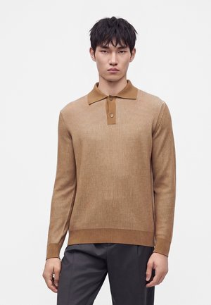 Junger Mann mit kurzen schwarzen Haaren, der ein hellbraunes langärmeliges Strick-Poloshirt und dunkelgraue Hosen vor einem weißen Hintergrund trägt.
