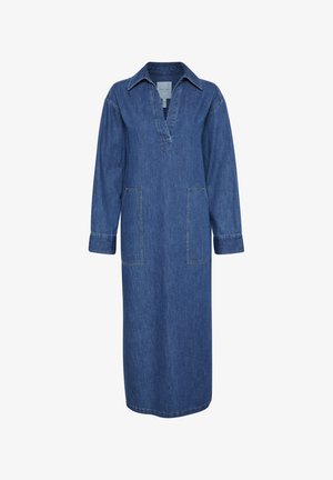 Dżinsowa sukienka z kołnierzykiem, o średniej długości, z długimi rękawami i dwiema przednimi kieszeniami. Jednolity niebieski kolor z subtelnymi akcentami w postaci przeszyć.