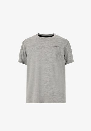 Grijze T-shirt met korte mouwen, gemaakt van een zachte, lichtgewicht stof. Heeft een subtiele textuur en een klein "ENDURANCE"-logo op de bovenste linkerzijde.