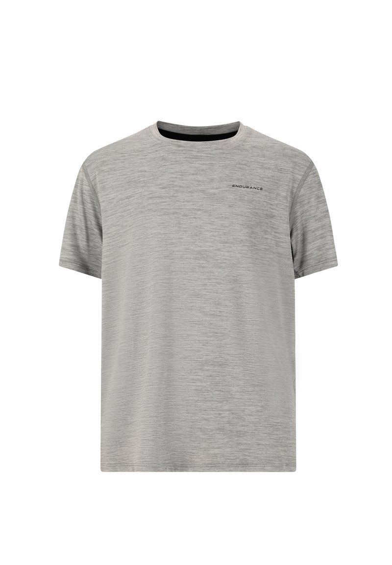 Grå kortärmad T-shirt i mjukt, lätt material. Har en subtil textur och en liten "ENDURANCE"-logotyp på den övre vänstra sidan.