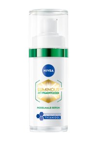 White bottle with a clear pump top, accented by a green band. Label features gold hexagon and blue circle with NIVEA branding.