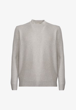Maglione grigio chiaro a collo rotondo con maniche a costine. Realizzato in materiale morbido, presenta un design semplice e classico senza motivi.