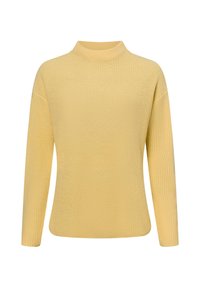 Gelber Strickpullover mit hohem Kragen, langen Ärmeln, geripptem Textur und lockerer Passform. Abgerundeter Saum mit seitlichen Schlitzen für zusätzliche Bewegungsfreiheit.