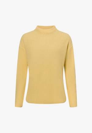 Geel gebreide trui met een hoge hals, lange mouwen, ribbelstructuur en een relaxte pasvorm. Afgeronde onderkant met zijsplitten voor extra draagcomfort.