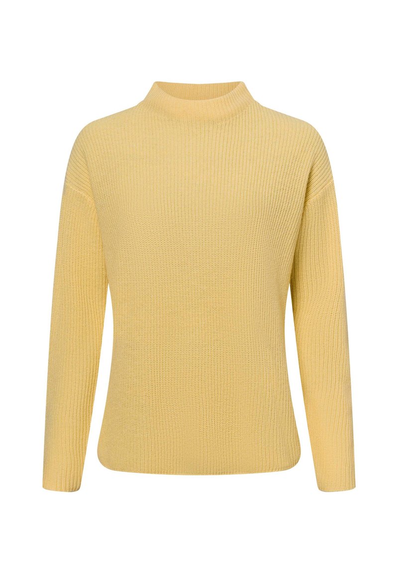 Gelber Strickpullover mit hohem Kragen, langen Ärmeln, geripptem Textur und lockerer Passform. Abgerundeter Saum mit seitlichen Schlitzen für zusätzliche Bewegungsfreiheit.