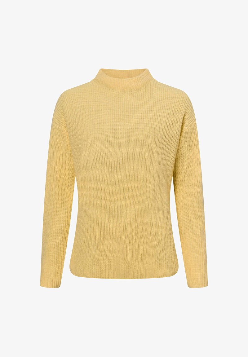 Gelber Strickpullover mit hohem Kragen, langen Ärmeln, geripptem Textur und lockerer Passform. Abgerundeter Saum mit seitlichen Schlitzen für zusätzliche Bewegungsfreiheit.