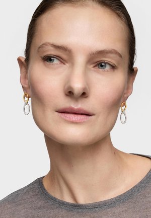 Kobieta o jasnej karnacji i niebieskich oczach, nosząca złoto-srebrne kolczyki koła, spoglądająca lekko w swoją lewą stronę na jednolitym tle.