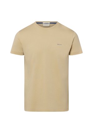 Beige Kurzarm-T-Shirt mit Rundhalsausschnitt und kleinem blauem GANT-Logo auf der linken Brust, schlichtes Design und reguläre Passform.