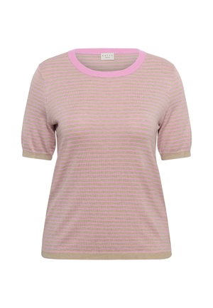 Kurzarm-Strickoberteil mit beigen und hellrosa horizontalen Streifen, rundem Ausschnitt mit rosa Besatz und einer figurbetonten Silhouette.