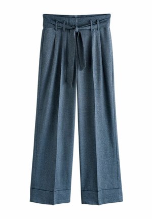 Wide-leg trousers made of textured blue fabric with a tied belt, featuring a high waistband and cuffed hems.