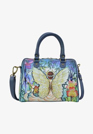 Blue handbag with a floral design featuring a butterfly, intricate patterns, and gold hardware. Soft material, structured shape, and dual handles.