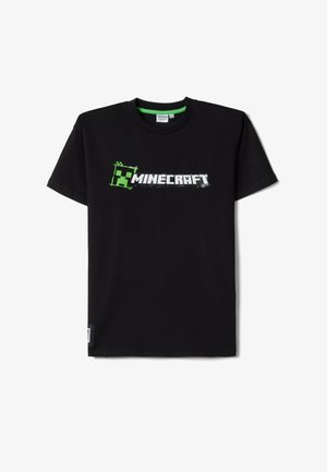 Zwart T-shirt met korte mouwen, met een groen gepixeld Minecraft Creeper-gezicht en het witte Minecraft-logo gecentreerd op de borst.