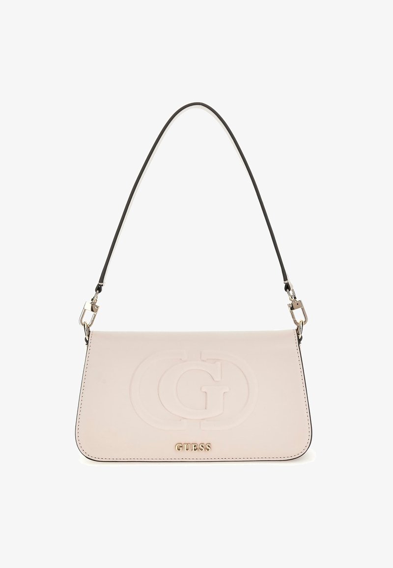 Sac à main en cuir rose clair avec logo embossé, forme rectangulaire, une seule poignée noire et quincaillerie en métal bronze.