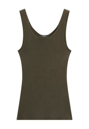 Ärmelloses gestricktes Tanktop in dunklem Olivgrün mit Rundhalsausschnitt und gerippter Struktur.