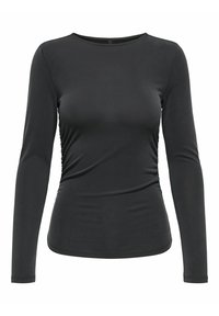 Langærmet sort top lavet af glat, strækbart stof. Har en rund halsudskæring og samlet side detaljer for et tætsiddende look.