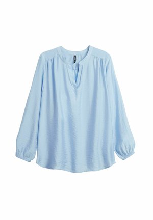 Light blue long-sleeve blouse with a rounded neckline and a short placket. Soft, textured fabric with gathered details at the shoulders and cuffs.