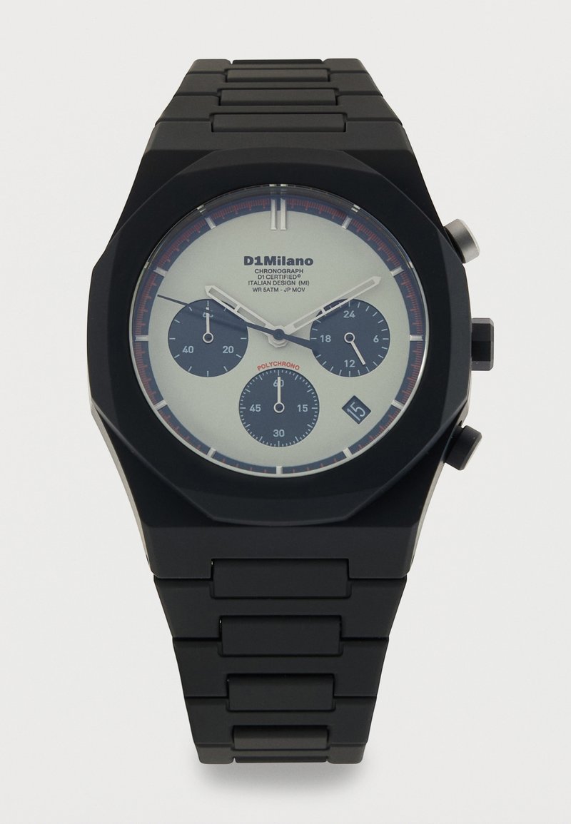 Κομψό ρολόι D1 Milano χρονόμετρο σε μαύρο μέταλλο με λευκό καντράν, τρεις υποκαντράν, παράθυρο ημερομηνίας στις 4 και μαύρο βραχιόλι σύνδεσμων.