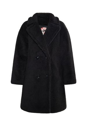 Schwarzer Fleece-Mantel mit einem doppelt gearbeiteten Design, großem Reverskragen und strukturiertem Stoff. Verfügt über schwarze Knöpfe und eine lässige Silhouette.