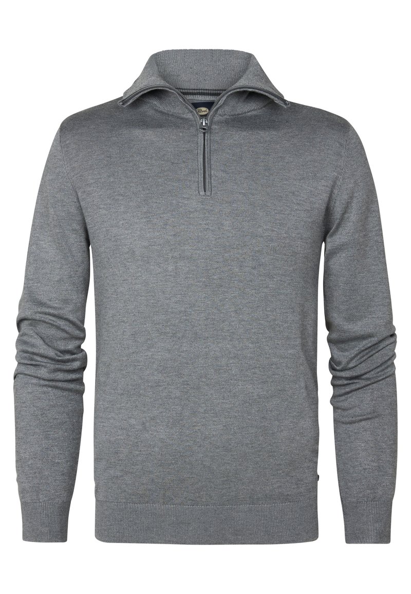 Grau pullover mit einem Viertelreißverschluss-Kragen, gerippten Bündchen und Saum, weichem Stricktextur und einfarbigem Design. Keine Muster oder Akzente.
