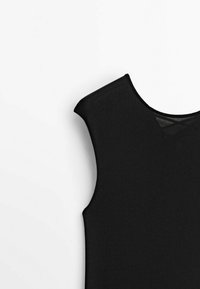 Top senza maniche nero con una texture liscia, scollatura rotonda e un piccolo dettaglio a forma di triangolo sul retro.