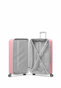 Roze koffer met een harde schaal, zilveren rits en interne mesh zakken. Voorzien van dubbele wielen en een telescopische handgreep. Open ontwerp.