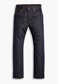 Jean en denim bleu foncé à jambes droites avec cinq poches et coutures orange visibles, présenté à plat sur un fond blanc.