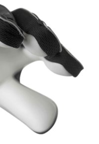 Black textured grip on a gray ergonomic handle, designed for enhanced control. Features a soft-touch finish and a seamless shape.