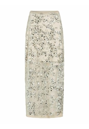 Kreemikas midi seelik läbipaistva pealiskihiga, kaunistatud hõbedaste litritega hajutatud lillemustris.