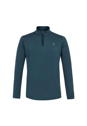 Pánský tmavě modrý svetr s dlouhým rukávem, čtvrtinovým zipem a stojáčkem, s malým logem na levé části hrudi.