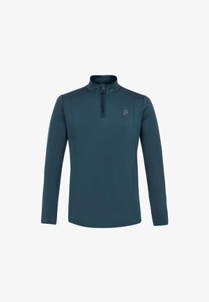 Pánský tmavě modrý svetr s dlouhým rukávem, čtvrtinovým zipem a stojáčkem, s malým logem na levé části hrudi.