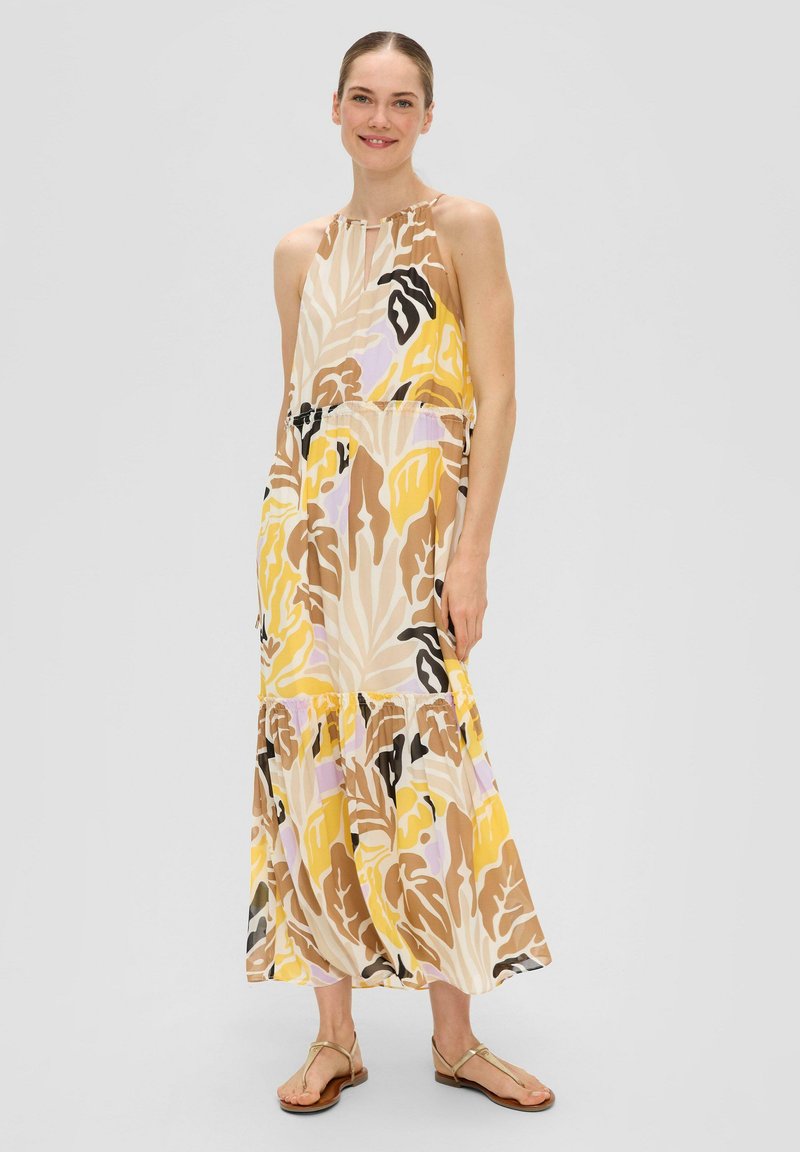 Maxikleid aus leichtem Material mit floralem Muster in Gelb, Braun und Schwarz. Mit Neckholder und gestuftem Rüschensaum.