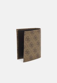 Brown leather wallet with a patterned exterior; features a black interior and an RFID blocking detail. Folded design with smooth texture.