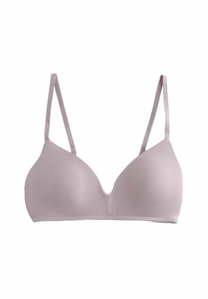 Lyse mauve bh med tynde stropper, glat tekstur, formede kopper og et sømløst design. Ingen synlig hardware eller accenter.