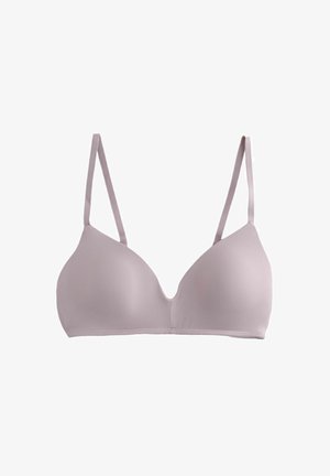 Soutien-gorge mauve clair avec des bretelles fines, texture lisse, bonnets moulés et design sans couture. Pas de matériel ou d'accents visibles.