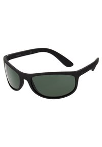 Lunettes de soleil en plastique noir avec des verres teintés verts. Design élégant et enveloppant avec une finition mate et un minimum de branding sur les branches.