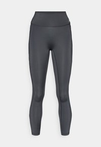 Højttaljede, tætsiddende leggings i et mørkegråt, glat tekstureret materiale med flade sømme og uden synlige lukninger eller mønstre.