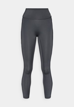 High-waisted, nauwsluitende legging van donkergrijs, glad textuurmateriaal met vlakke naden en zonder zichtbare sluitingen of patronen.