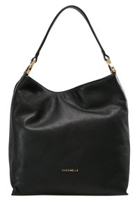 Mustavihreä nahkainen hobo-laukku, jossa on teksturoitu pinta, löysä muoto ja kultainen logo edessä. Varustettu ohuella olkahihnalla.