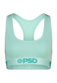 Málozelená športová podprsenka so zaobleným výstrihom a širokými ramienkami, so svetlomodrým kontrastným pásom s logom "PSD".