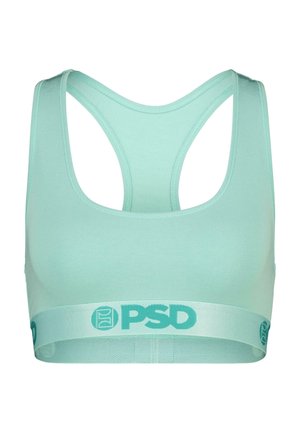 Sport bra u mint zelenoj boji s izrezom u obliku luka i širokim naramenicama, s kontrastnom svijetloplavom trakom na kojoj se nalazi "PSD" logo.