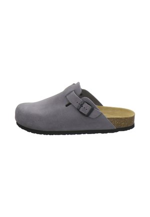 Gray suede slip-on clog with adjustable buckle strap, cork footbed, and black sole.
