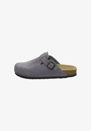 Gray suede slip-on clog with adjustable buckle strap, cork footbed, and black sole.
