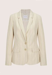Blazer beige pour femme avec des fines rayures verticales, col cranté, deux boutons et poches à rabat sur le devant.
