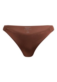 Rjava bikini hlačice z gladko teksturo, ozkimi stranmi in brezšivnim dizajnom. Imajo majhen logotip na hrbtu in elastičen pas.