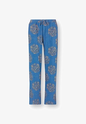 Blue drawstring pants with elastic waist, featuring a repeating beige floral medallion pattern on a textured background.