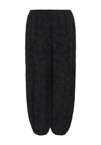Pantalon large noir avec taille et poignets élastiques, avec un motif floral discret sur tout le tissu.