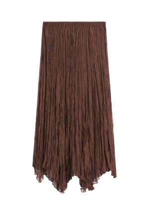 Hnědá mačkaná midi sukně s elastickým pasem a asymetrickým, nerovným lemem.